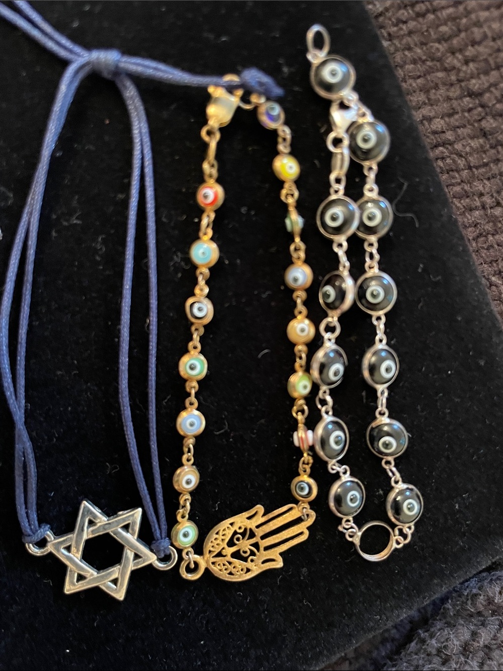 Gold-Tone Hamsa & Star Bracelet Set with Blue Cord and Multicolor Beads